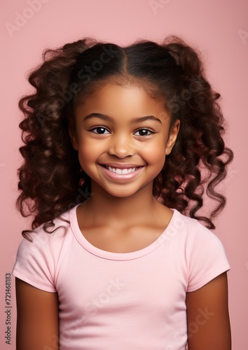 Pretty smiling young dark-skinned girl on a pink background. Generative AI.