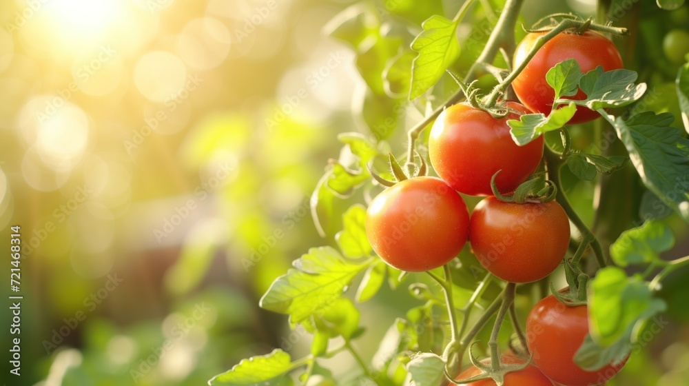 Red ripe tomatoes on a stem. Sunny outdoor background with copy space. Red ripe tomatoes on a stem. Sunny outdoor background with copy space.