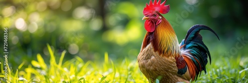 Wallpaper Mural Beautiful rooster on nature outdoor background, wide panoramic banner with copy space. Torontodigital.ca