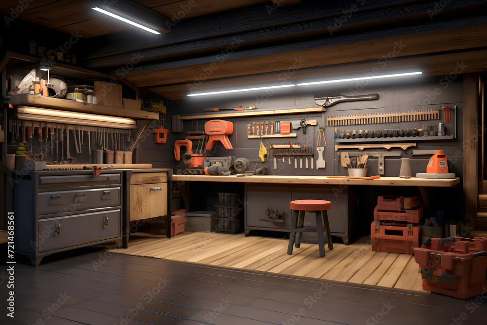 A basement with a custom-built workbench and tool storage
