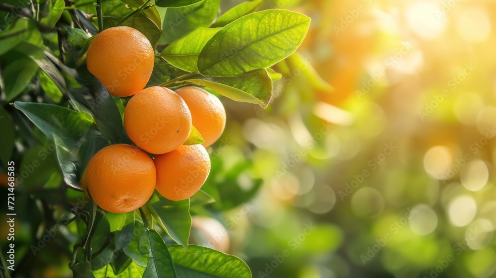 Vibrant ripe orange citrus fruits on a branch and sunny green leaves. Outdoor nature background with copy space.