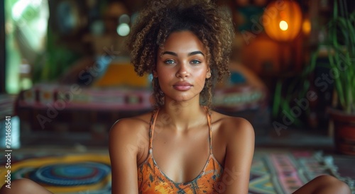 A stunning fashion model with curly locks and piercing blue eyes strikes a pose in an indoor photo shoot, exuding confidence and beauty in her stylish attire and brassiere © Larisa AI