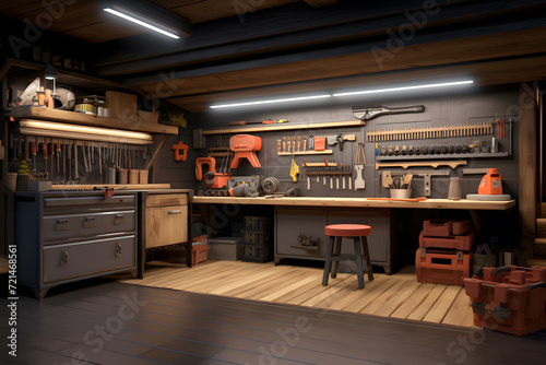 A basement with a custom-built workbench and tool storage