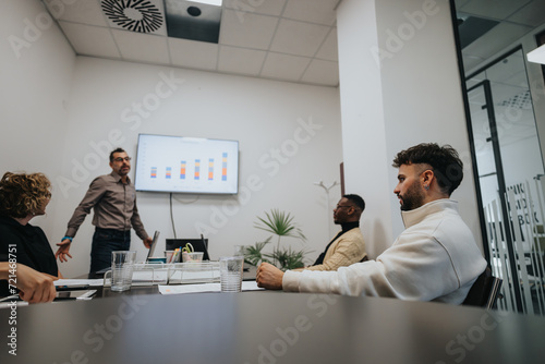 Multiracial people analyzing statistics, discussing business growth, and strategizing for success in a boardroom meeting.