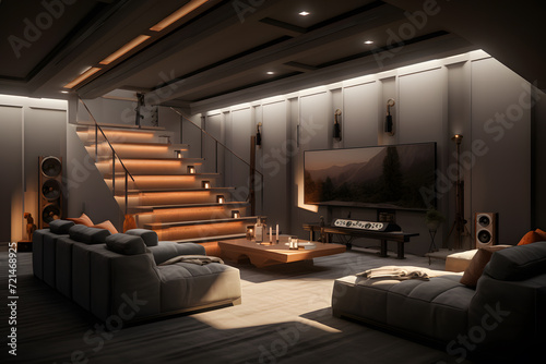 A basement with a home theater area featuring tiered seating