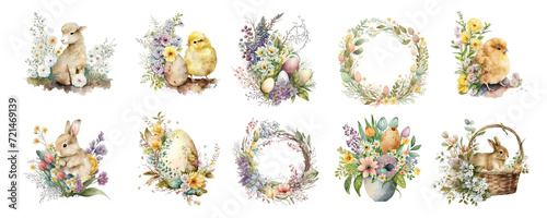 Set of Easter symbols: lamb, rabbit, wreaths, eggs, chicken and flowers