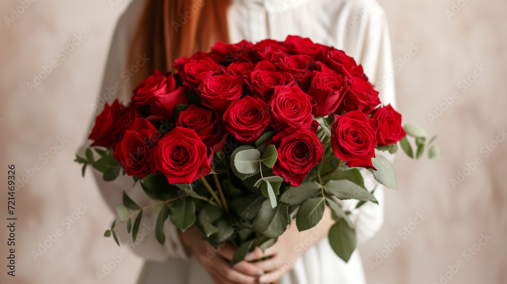 Obraz premium Young woman with beautiful bouquet of red roses on color background, closeup