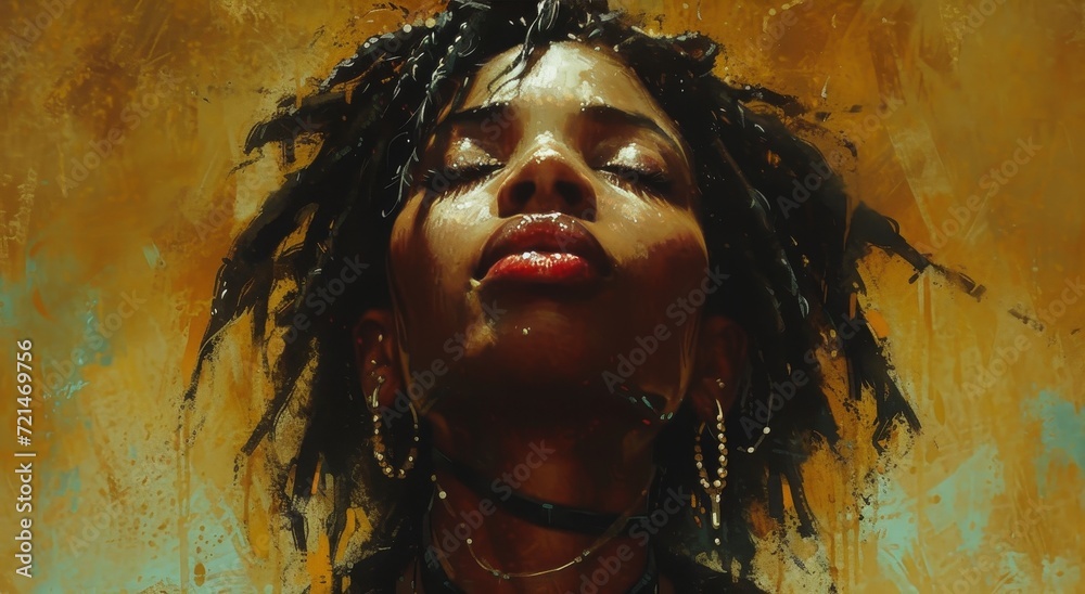 A striking portrait of a serene woman with closed eyes, her vibrant dreadlocks cascading over her human face, captured in a captivating painting that exudes a sense of artistry and femininity