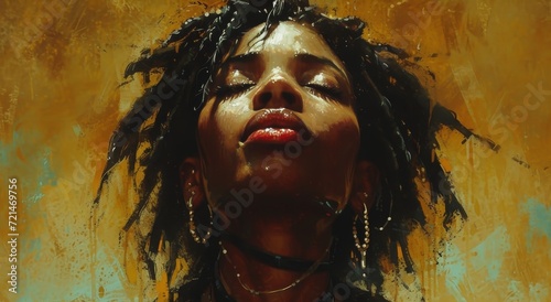 A striking portrait of a serene woman with closed eyes, her vibrant dreadlocks cascading over her human face, captured in a captivating painting that exudes a sense of artistry and femininity
