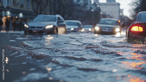 Cars were traveling on flooded roads in the city.