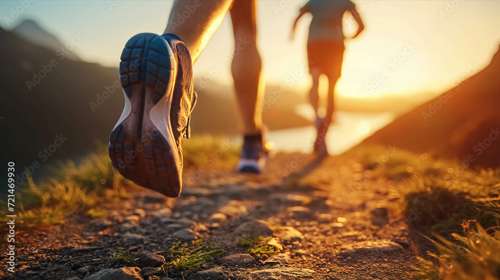 Closeup of running shoes in nature Mountain river at sunset. Closeup of running shoes in nature Mountain river at sunset.