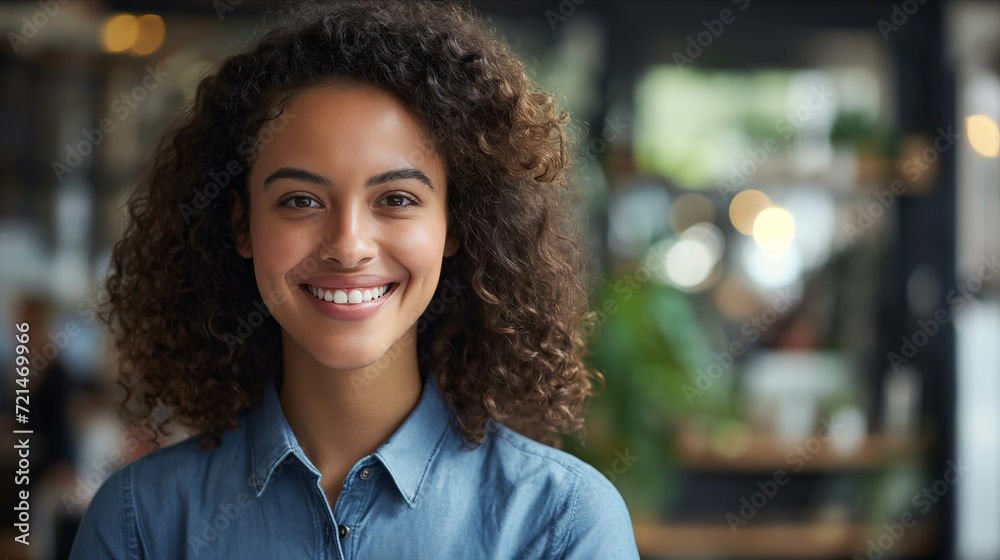 Young woman smiles with confidence in the office. Young woman smiles with confidence in the office.