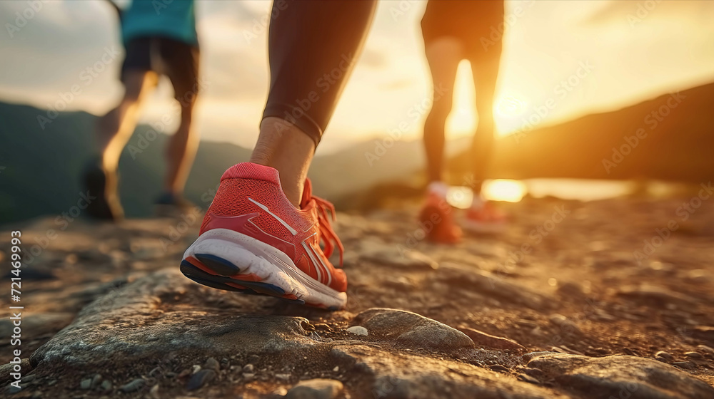 Closeup of running shoes in nature Mountain river at sunset. - obrazy, fototapety, plakaty 