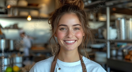 A joyful woman in casual clothing beams at the camera while standing in her cozy kitchen, conveying warmth and happiness as she prepares delicious food
