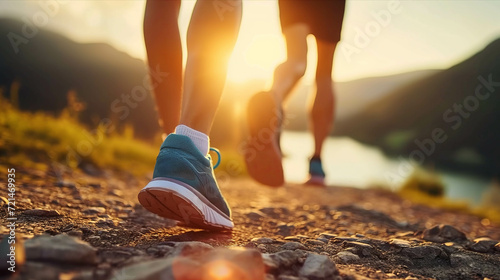 Closeup of running shoes in nature Mountain river at sunset.