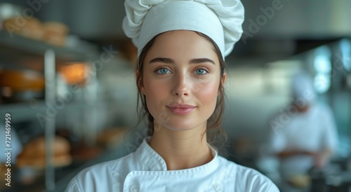 A confident woman, adorned in a chef hat and uniform, beams with pride and joy as she prepares a delectable dish indoors