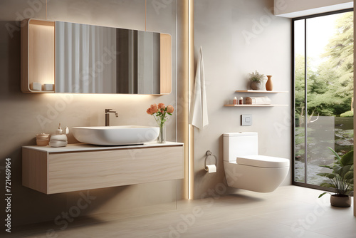 A bathroom with a modern vessel sink