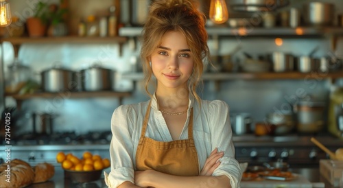 A determined woman stands in her kitchen, apron-clad and arms crossed, ready to take on the day's cooking with her trusty appliances and a look of concentration on her face