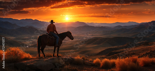 A lone cowboy, silhouetted against the fiery orange sky, perches on a rock with his horse overlooking the valley below in the setting sun.