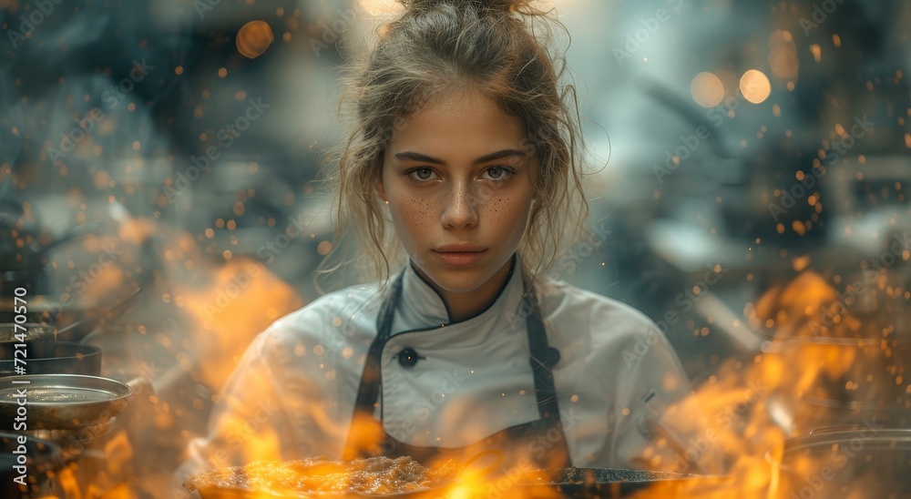 A fiery passion for cooking ignites within a woman's soul as she stands in her chef's uniform, her human face illuminated by the heat and flames of the kitchen