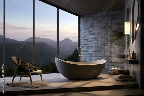 A bathroom with a soaking tub overlooking a scenic view photo