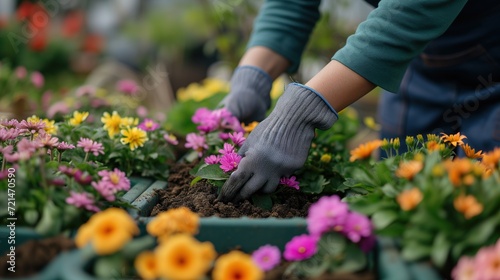 Gardener planting colorful flowers in soil