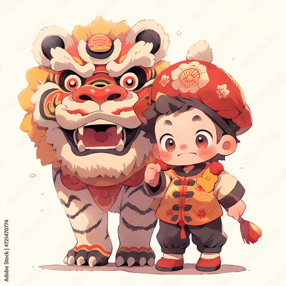Child playing lion dance , Chinese new year