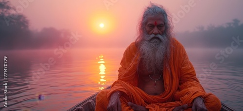 As the fog slowly lifted over the tranquil lake, a man in a boat emerged, his long beard and orange robe blending into the sunrise sky, creating a sense of serenity and solitude in the midst of natur
