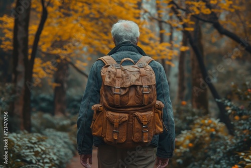 A lone traveler immerses himself in the peaceful solitude of nature, surrounded by towering trees and a majestic statue, as the autumn leaves gently rustle beneath his feet during a serene fall hike 