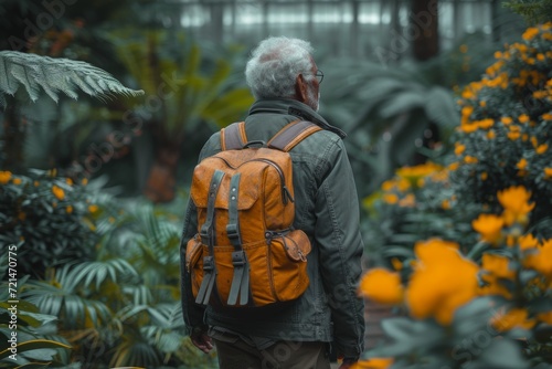 A man clad in an orange jacket stands among the vibrant yellow flowers in a lush greenhouse, his backpack a symbol of his journey through nature's beauty
