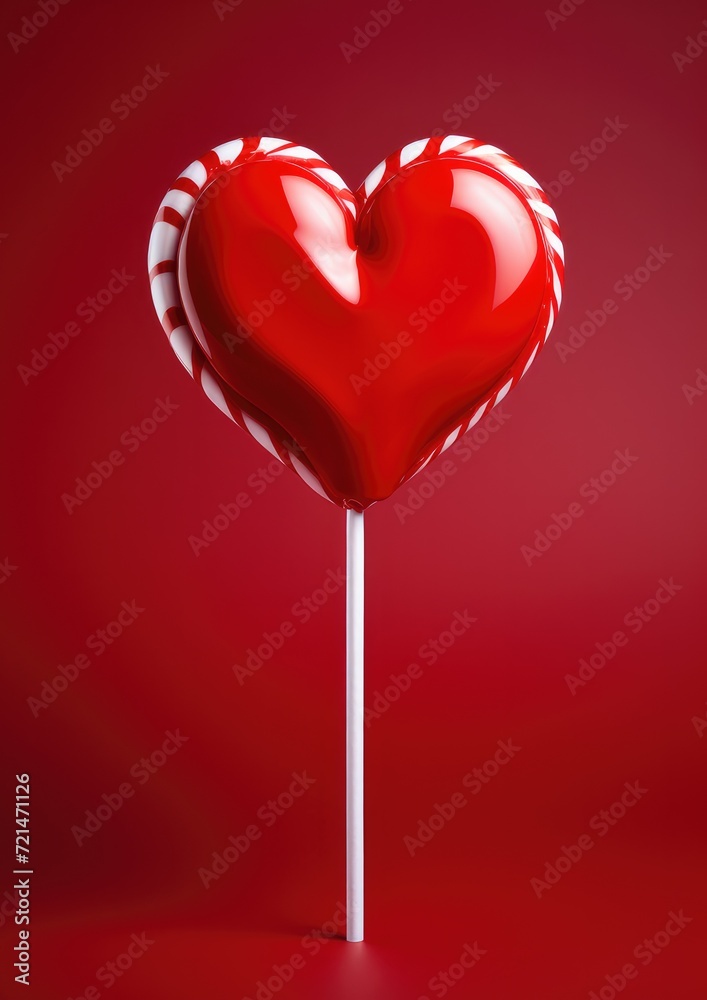 Romantic lollipops in the shape of hearts on a red background. Generative AI. Romantic lollipops in the shape of hearts on a red background. Generative AI.