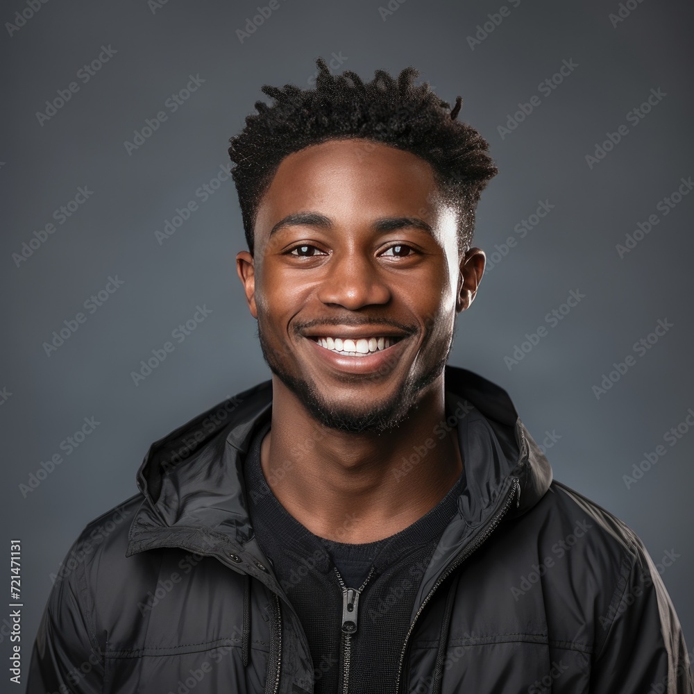 Smiling handsome dark-skin man on a dark background. Generative AI. Smiling handsome dark-skin man on a dark background. Generative AI.