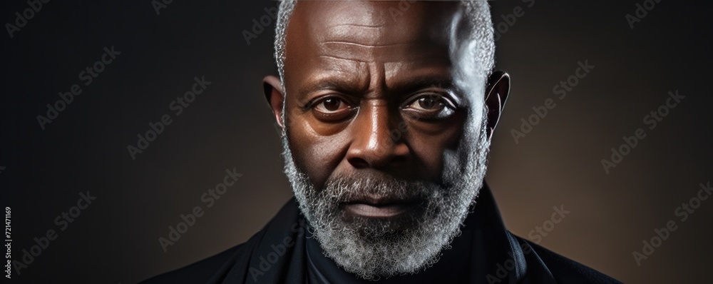 Portrait of a dark-skinned old man on a dark background. Generative AI.