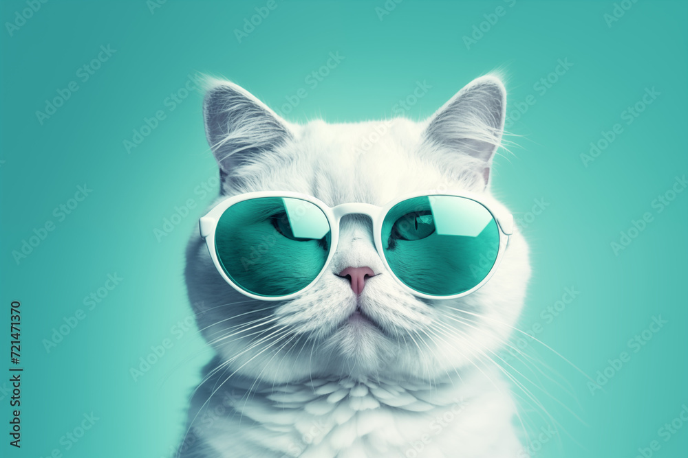 A white cat wearing sunglasses, in the style of vintage aesthetics.