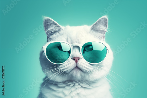 A white cat wearing sunglasses, in the style of vintage aesthetics. © SAL