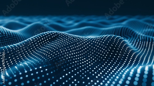 Background big data visualization futuristic technology. Abstract blue background. Beautiful motion waving dots texture with glowing defocused particles.The glow of a fractal element in a futuristic