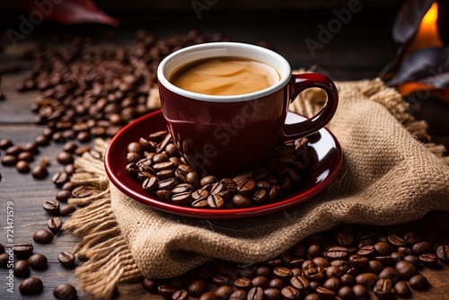 Cup of coffee with coffee beans closeup dark background