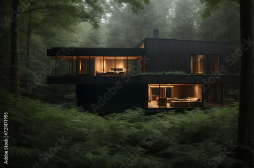 A biophilic house emerges from the shadows in a dark forest, surrounded by towering trees. Chiaroscuro lighting casts dramatic contrasts on the natural textures of the building and the foliage.