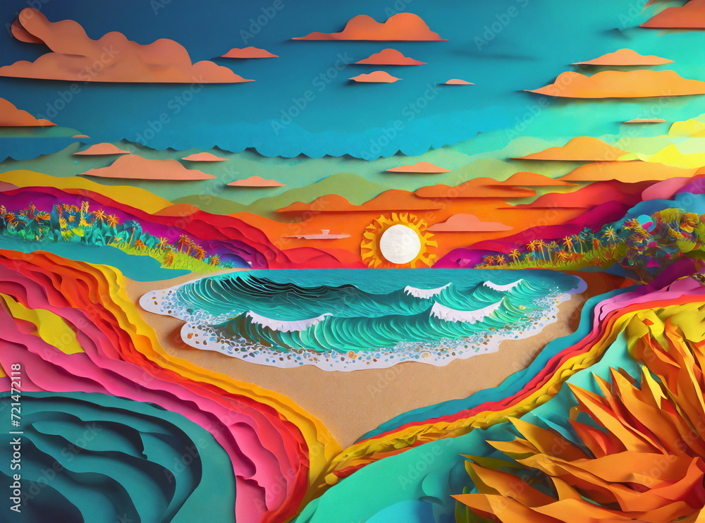 Ocean beach background in the style of layered paper