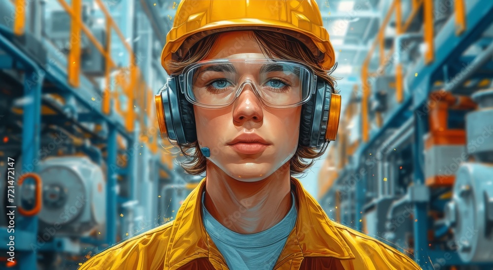 A determined engineer donning a bright yellow hard hat and sturdy workwear, prepares to tackle their indoor construction project while listening to music through their headphones A determined engineer donning a bright yellow hard hat and sturdy workwear, prepares to tackle their indoor construction project while listening to music through their headphones