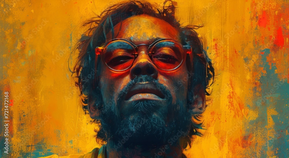 A thought-provoking portrait of a bearded man with glasses, captured in stunning detail through the use of acrylic paint in a modern art style