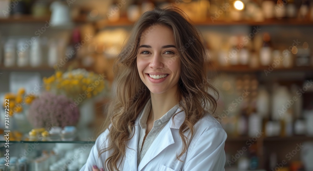 A smiling woman in a white coat stands confidently in front of a wall of shelves in a flower shop, her glasses perched atop her face as she admires the colorful blooms
