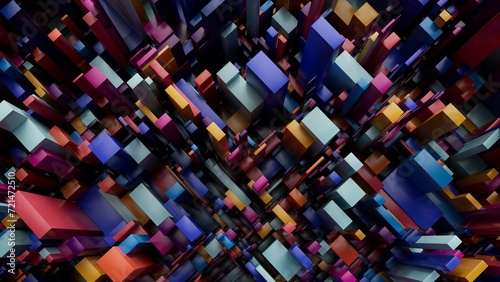 top view of an abstract colorful city background, geometric 3D boxy shapes, urban pattern