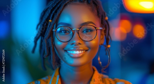 A beaming woman with glasses showcases her genuine smile, radiating warmth and confidence through her expressive lips and captivating portrait
