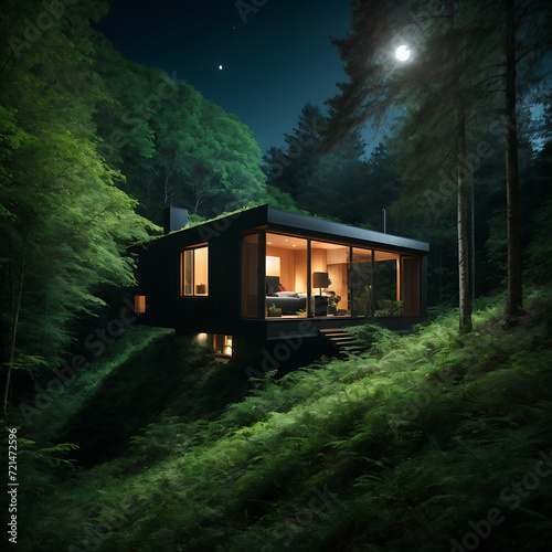 An eco-friendly home seamlessly integrated into the natural landscape of a dense, dark forest, with the moon casting shadows on the lush vegetation.