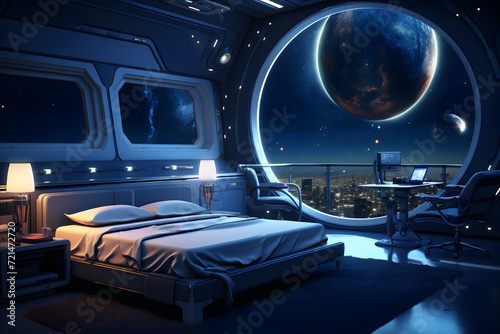 A bedroom wall mural with a futuristic space station