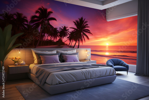 A bedroom wall mural with a serene beachfront landscape © sugastocks