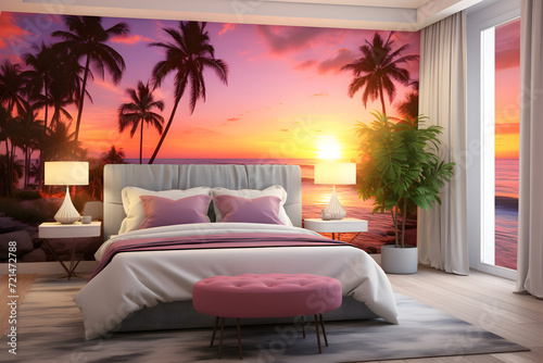 A bedroom wall mural with a serene beachfront landscape