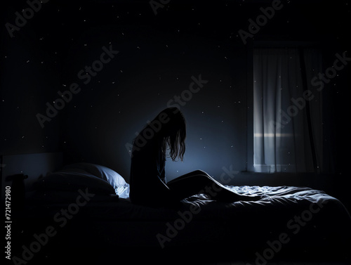 Silhouette sad woman suffering depression insomnia awake and sit alone on the bed in bedroom. 