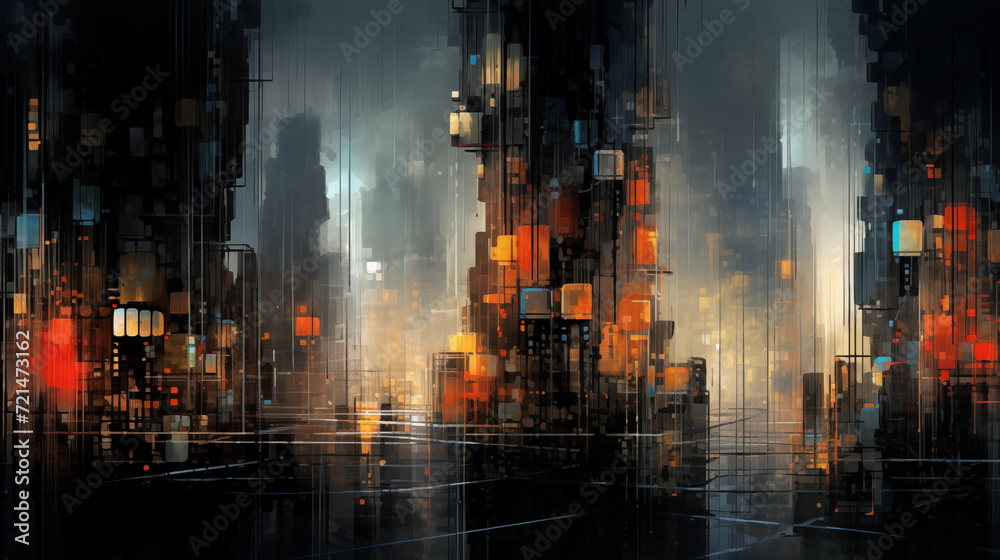 Digital rain falling over abstract buildings